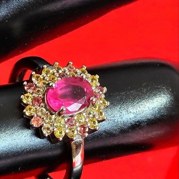925 Sterling Silver Ring Sz 7 with Natural Oval Ruby & Sapphire Gemstones. - Picture 1 of 5